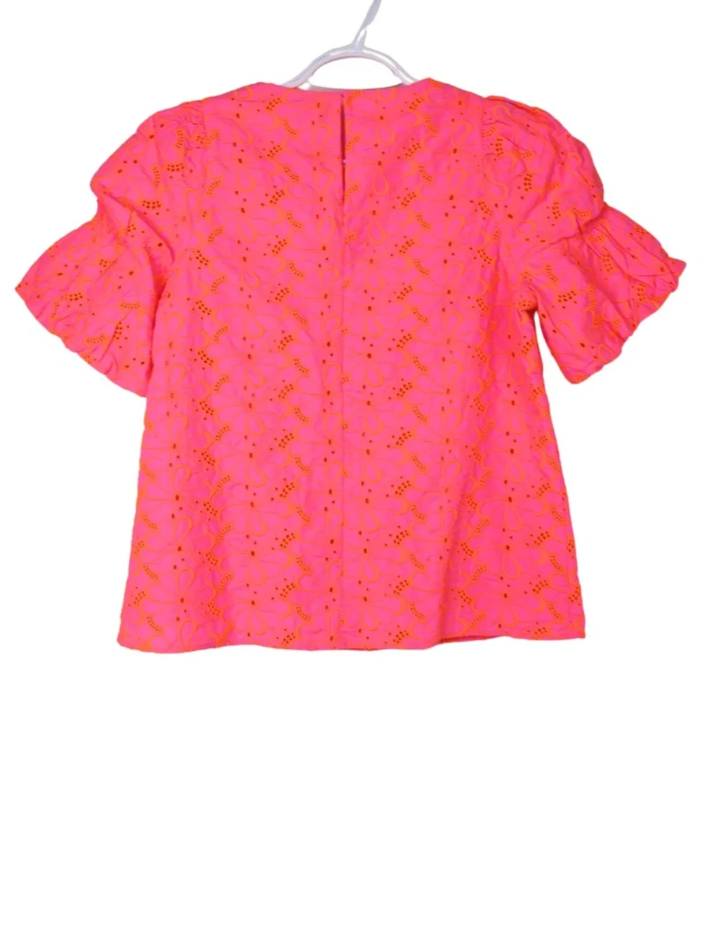 Lilly Pulitzer Blouse XS Neon Pink Orange Floral Eyelet Puff Sleeve Top